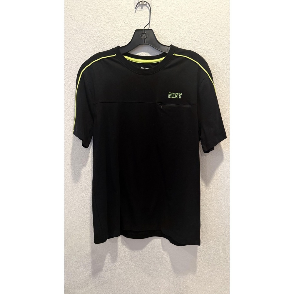 DKNY Shirt Mens Medium Black Logo Zip Pocket Short Sleeve Crew Neck Tee Neon